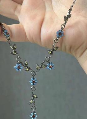中古风复古蓝色花朵毛衣链女