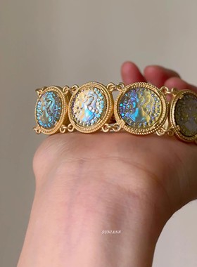 vintage中古宫廷风人鱼姬浮雕手镯幻彩琉璃独特气质轻奢重工独特