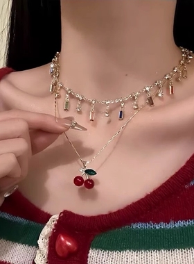 夏季新款田园风双层叠戴爱心樱桃项链甜美森系红色水晶串珠锁骨链