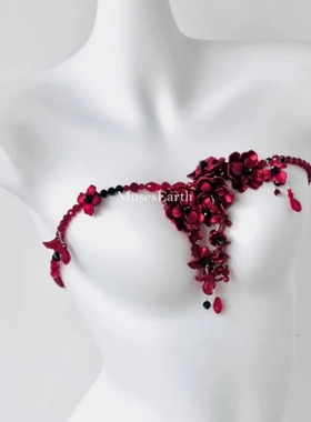 甜酷暗夜缨红腰链时尚珐琅滴油红色繁花身体链女个性流苏腰间配饰