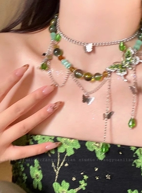 甜酷小众绿色蝴蝶水晶流苏项链女气质多层长款彩色玻璃串珠锁骨链