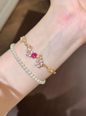 超美配色！粉钻金拉丝繁花华丽轻奢风手链女海蓝宝闪钻繁花银手饰