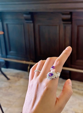 中古风紫色闪钻羽毛戒指vintage轻奢感气质独特尾戒食指指环新款
