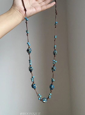 新中式国风蓝色串珠项链民族编织吊坠长裤毛衣锁骨链高级颈链复古