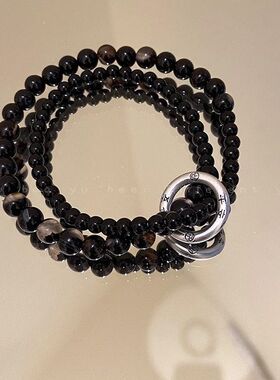 锦鲤平安扣双圈黑色串珠手链