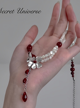 法式双层花朵水晶流苏项链小众高级感choker颈链安可拉红色锁骨链