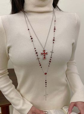 辣妹y2k哥特风个性红色奢华十字架长款叠戴项链女小众潮流锁骨链