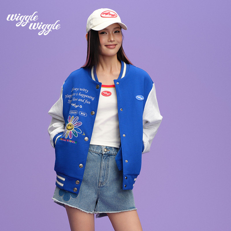 【限时75折】wigglewiggle26年经典笑脸花复古高街印花棒球服外套