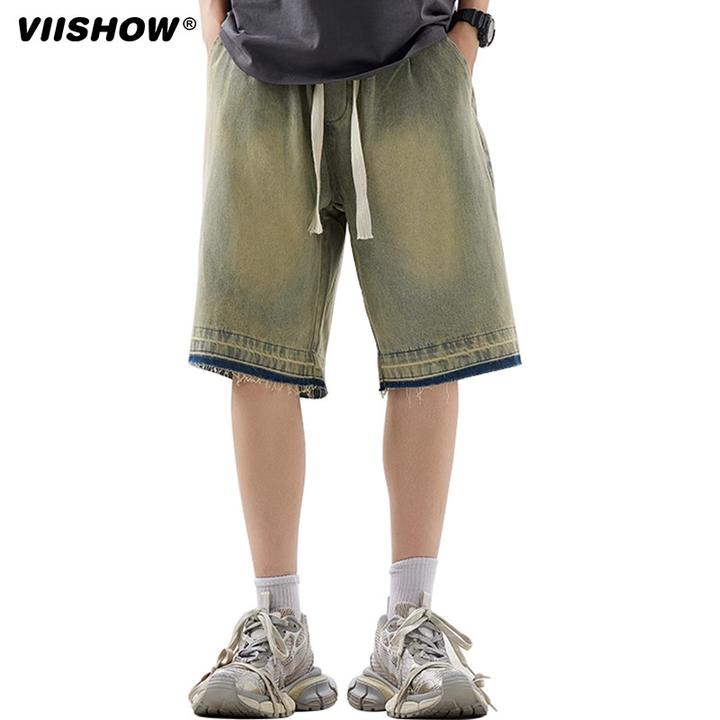 VIISHOW美式复古做旧水洗牛仔短裤男流苏夏季新款宽松直筒五分裤,淘宝优惠券,粉丝福利购,淘宝优惠卷