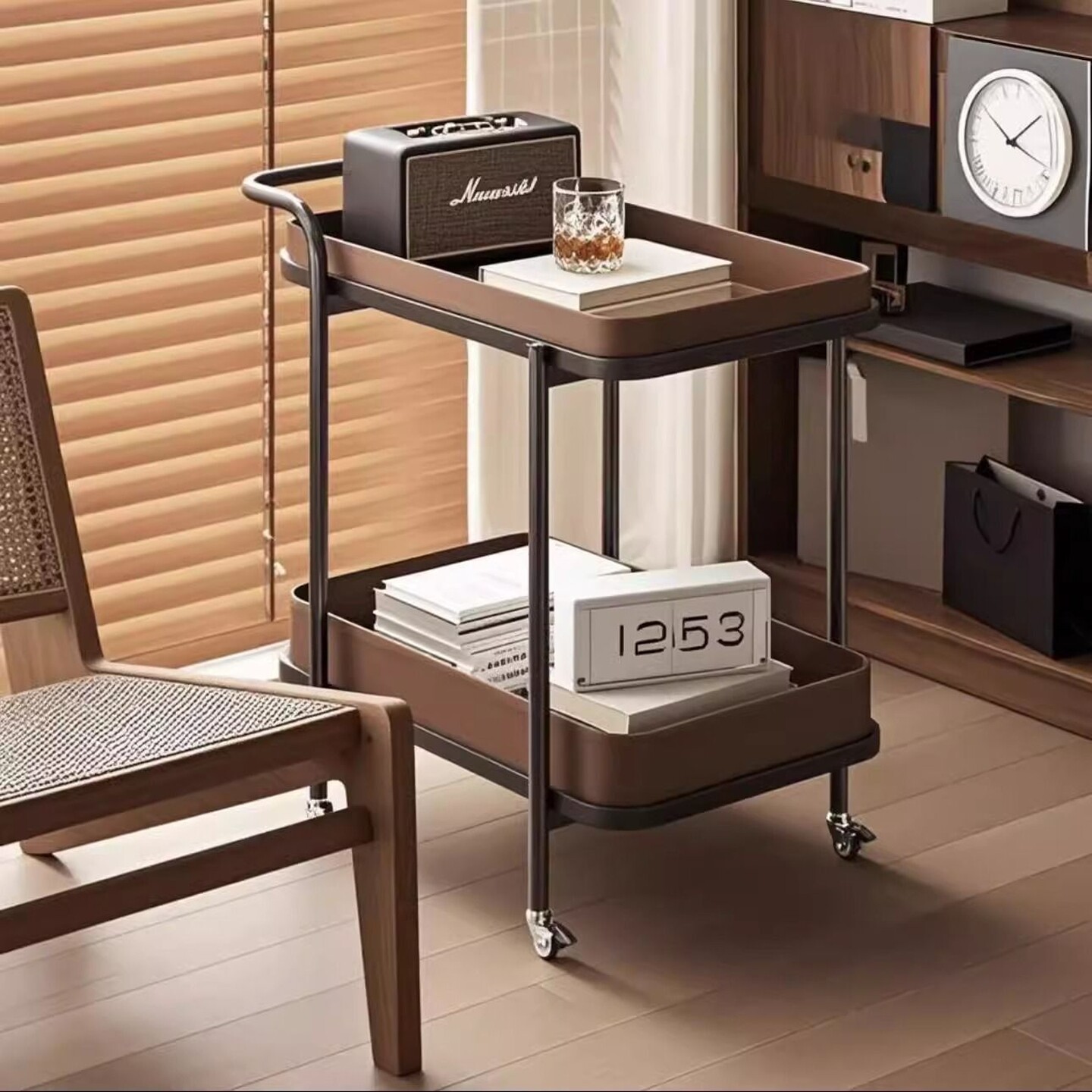 轻奢马鞍皮沙发小推车角几沙发置物架移动带轮床头柜客厅家用茶几