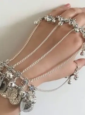 大话西游紫霞仙子朱茵同款采耳朱茵复古钱币五指连指流苏铃铛手链