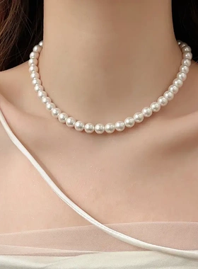 珍珠花朵圆牌吊坠项链时尚简约个性锁骨链高级感气质小众项饰