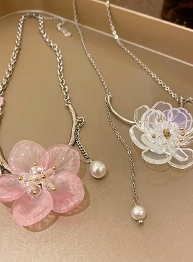 水滴珍珠甜美玫瑰钛钢项链轻奢森系小清新锁骨链时尚百搭项饰