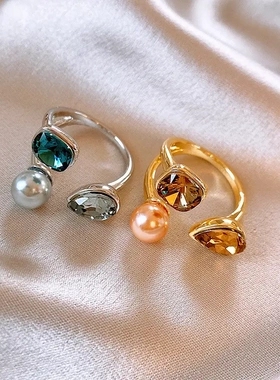 真金电镀水滴镶钻珍珠开口戒指个性气质食指戒法式高级感手饰