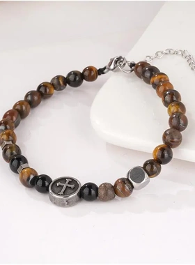 2024复古 欧美十字架男士不锈钢手链6mm天然黑磁石磨砂石串珠手链