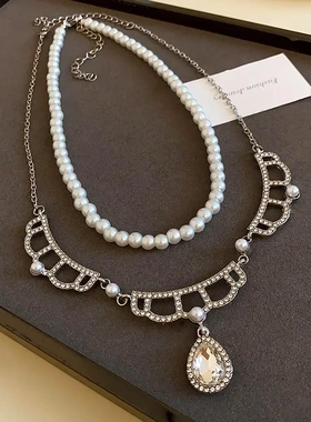 水滴镶钻珍珠项链法式轻奢风时尚锁骨链精致高级感项饰女