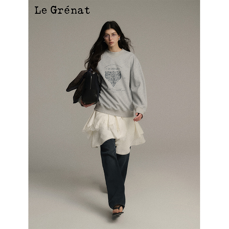 Le Grenat美式复古印花字母休闲圆领卫衣 - 图2