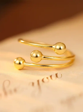 s925银线条圆珠戒指女冷淡风个性食指指戒开口可调节手饰潮