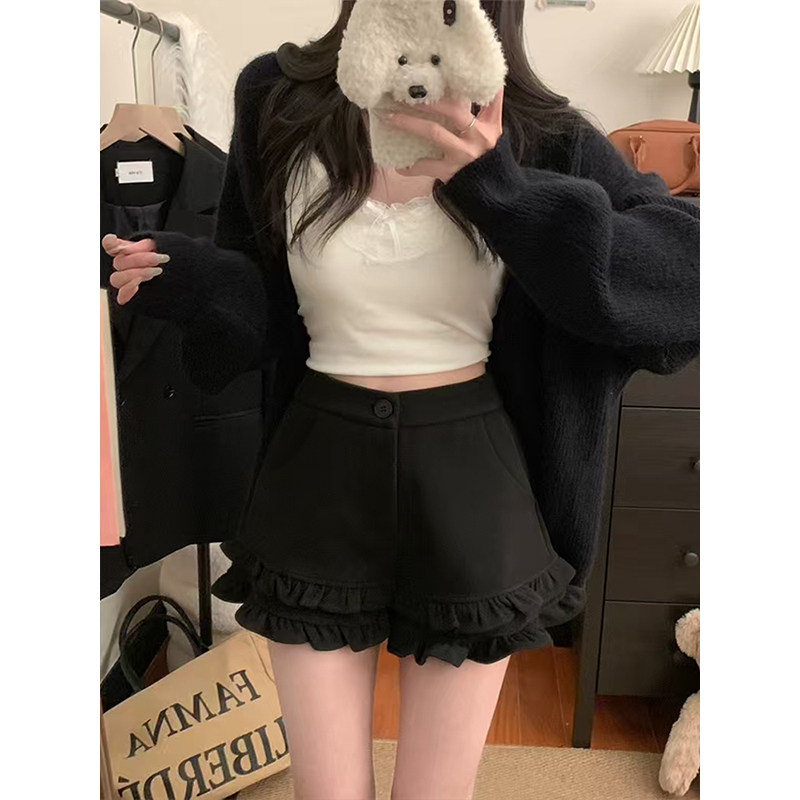 MosesQueen魔西女王灰色荷叶边毛呢短裤秋冬外穿加厚高腰a字靴裤,淘宝优惠券,粉丝福利购,淘宝优惠卷