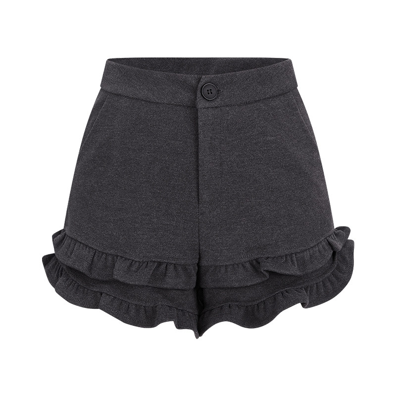 MosesQueen魔西女王灰色荷叶边毛呢短裤秋冬外穿加厚高腰a字靴裤,淘宝优惠券,粉丝福利购,淘宝优惠卷