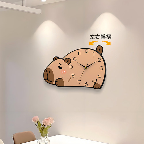 卡皮巴拉挂钟客厅创意装饰时钟挂墙静音摇摆挂表家用新款石英钟表 - 图0