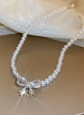 真金电镀淡水珍珠锆石结项链法式复古轻奢锁骨链气质项饰