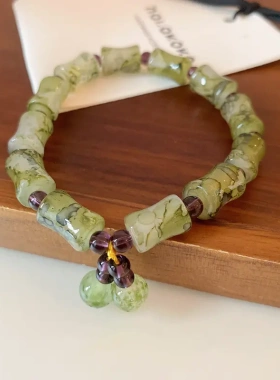 新中式彩色仿玉葫芦圆珠竹节弹力手链个性设计感手串小众气质手饰