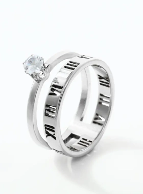 不锈钢饰品冷淡风钛钢戒指镂空字镶钻锆石戒指