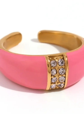 欧美时尚简约小众轻奢指环饰品不锈钢镀18k金开口半镶钻滴油戒指