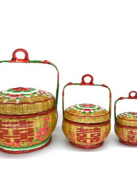 潮汕婚嫁娶结婚喜庆用品竹t制品纯手工彩绘花篮潮州双喜竹艺竹篮