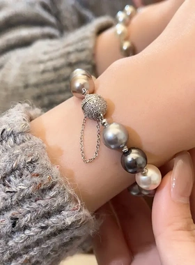 法式复古灰色珍珠款锆石磁吸手链时尚设计感百搭手环高级感手饰女
