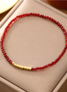 本命年红色水晶手串手链高级感小众轻奢钛钢小方块串珠百搭手饰女