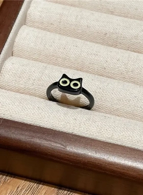 黑色小猫咪开口戒指女款小众设计情侣闺蜜食指戒气质装饰指环