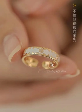 气质珐琅戒指女花纹孔雀绿锆石小众设计感轻奢ins潮艺术品食指戒