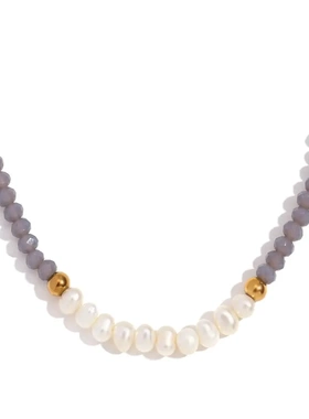 欧美气质复古项坠不锈钢十颗淡水珍珠红色切面水晶手工串珠项链女