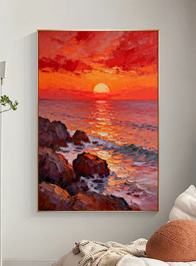 可班手绘油画玄关海景红日装饰画