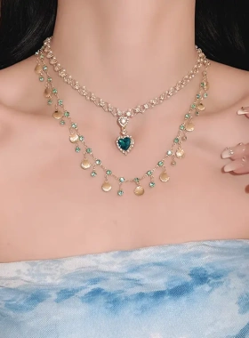 蓝色爱心锆石贝壳双层项链复古宫廷风锁骨链轻奢高级感饰品女