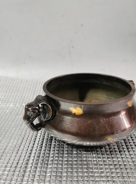 仿古香炉铜象耳平口炉黄铜仿紫铜色点金复古工艺 家居装饰工艺品
