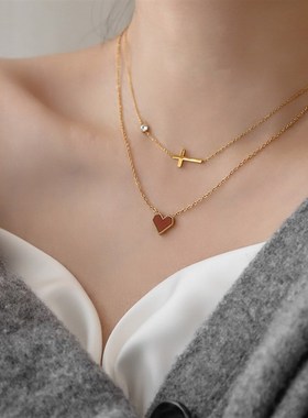 2023新款小众设计感高级红色爱心十字架水晶项链叠戴锁骨链情人节