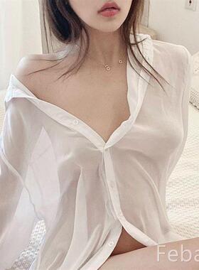 性感透明睡衣超薄女法式衬衫雪纺新款bf风上衣女中长版韩版防晒衫