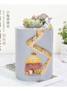 如果kka工艺品笔筒收纳摆件创意兔子郊游树脂花盆摆件
