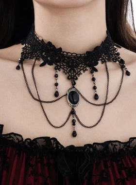 欧美饰品 宫廷风黑色蕾丝锁骨链 复古十字架水晶串珠流苏项链