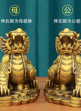 全黄铜质公母銅貔貅摆件一对金A钱皮丘纯的客厅办公室酒柜招家财