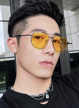 茶黄色墨镜男士双梁方框显