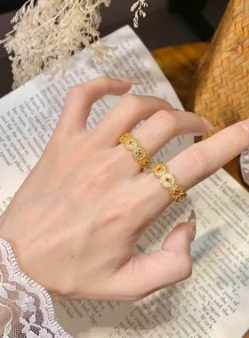 卡纯诗轻奢古法红色镶嵌铜钱币开口戒指女可调节仿黄金色指环高端