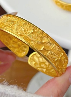 金店同款沙金仿真金宽面錾刻牡丹花手镯实心复古花朵镯子国风结果