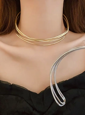 欧美交叉多层项圈简约金属风个性项链小众冷淡风气质项饰
