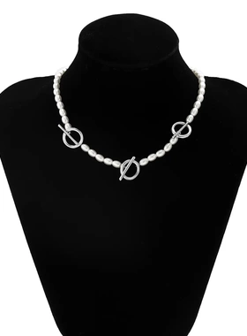 欧美饰品 单层串珠合金几何项饰 创意ot扣拼接仿珍珠项链女