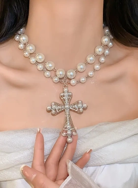 不规则珍珠十字架吊坠项链欧美夸张锁骨链时尚小众个性项饰女