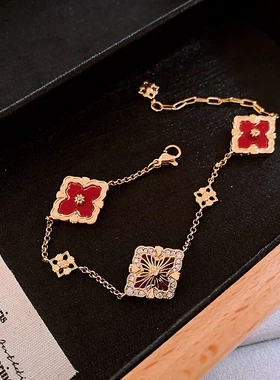 真金电镀菱形镂空锆石花朵贝母手链时尚宫廷风手环复古高级感耳饰